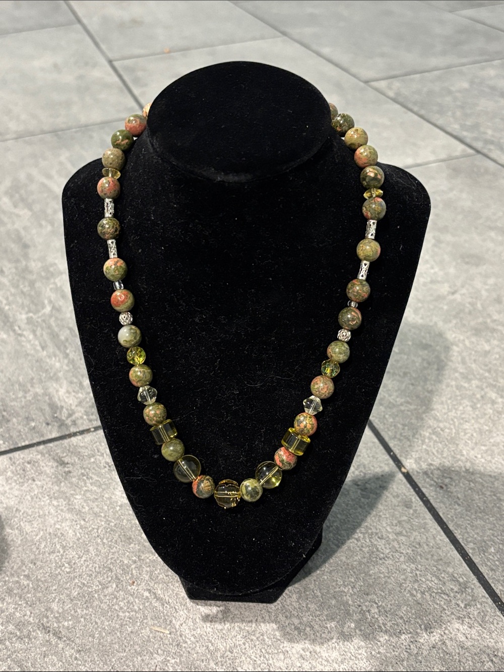 UNAKITE Gemstone Green and Pink Statement Necklace Demi Fine Jewelry